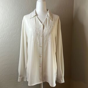 Laura Scott creamy white Ivory dressy blouse long sleeves embroidered size 14